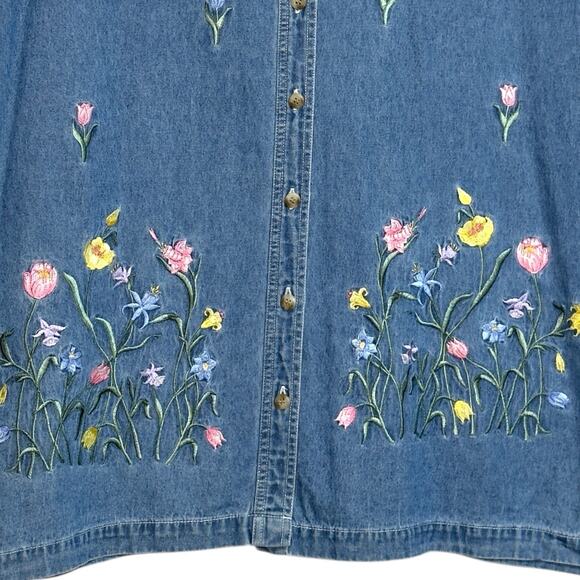 Vintage Denim Embroidered Button Shirt Women 18W/20W Floral Short Sleeve - Picture 4 of 9